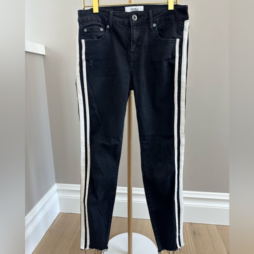 Pistola Audrey Skinny Jeans Size 27 Black White Side Stripe Raw Hem Denim